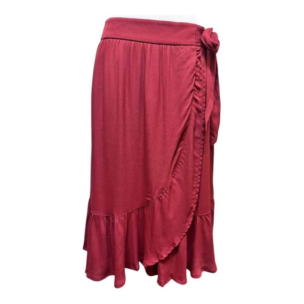 NWT LOFT Deep Red Ruffle Faux Wrap Skirt, Size 6, Burgundy, midi, flounce - Picture 8 of 15